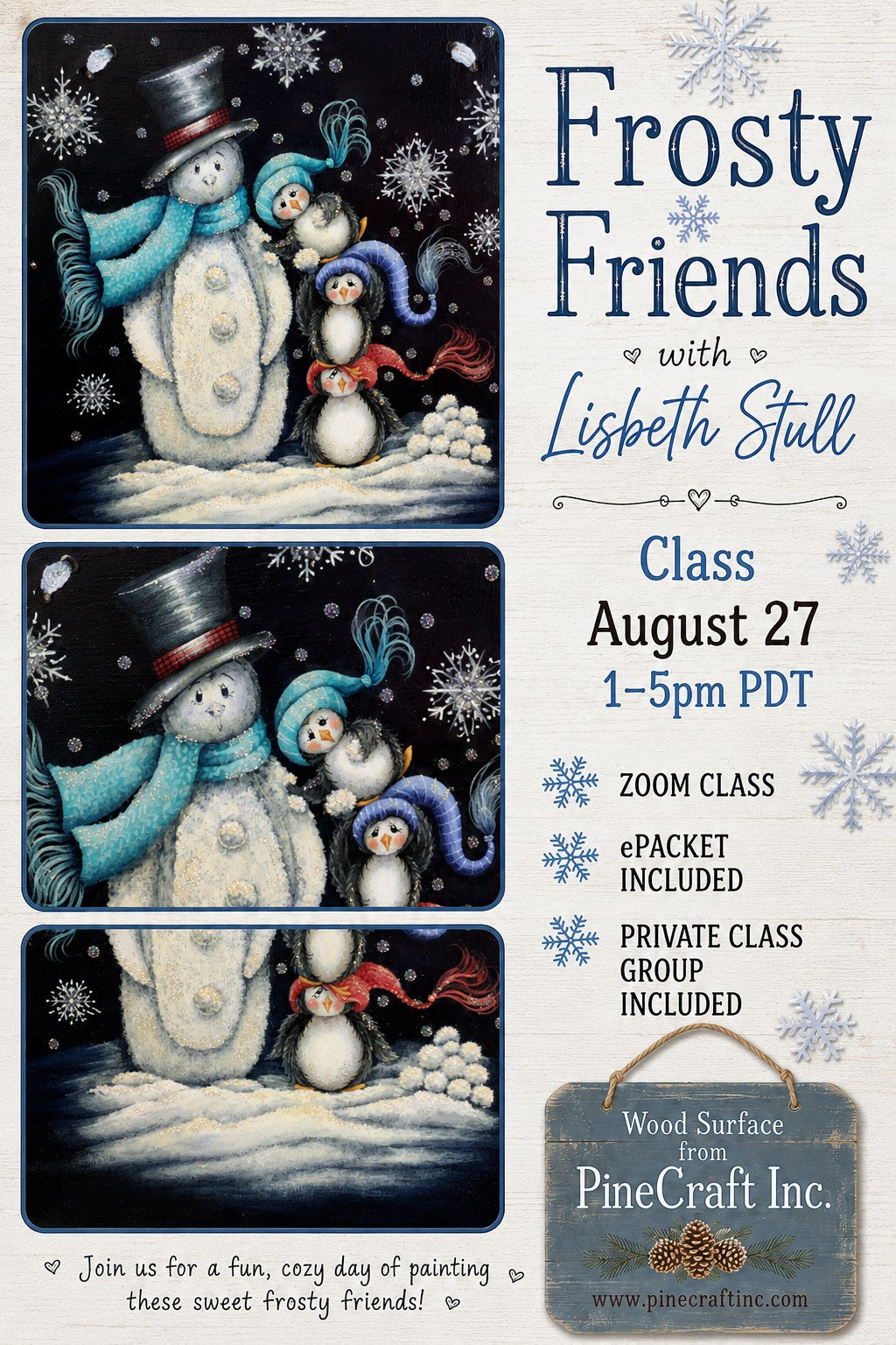 Frosty Friends Zoom painting class flyer — live August 27, 2026, 1–5pm PDT with Lisbeth Stull, ePacket and private group included