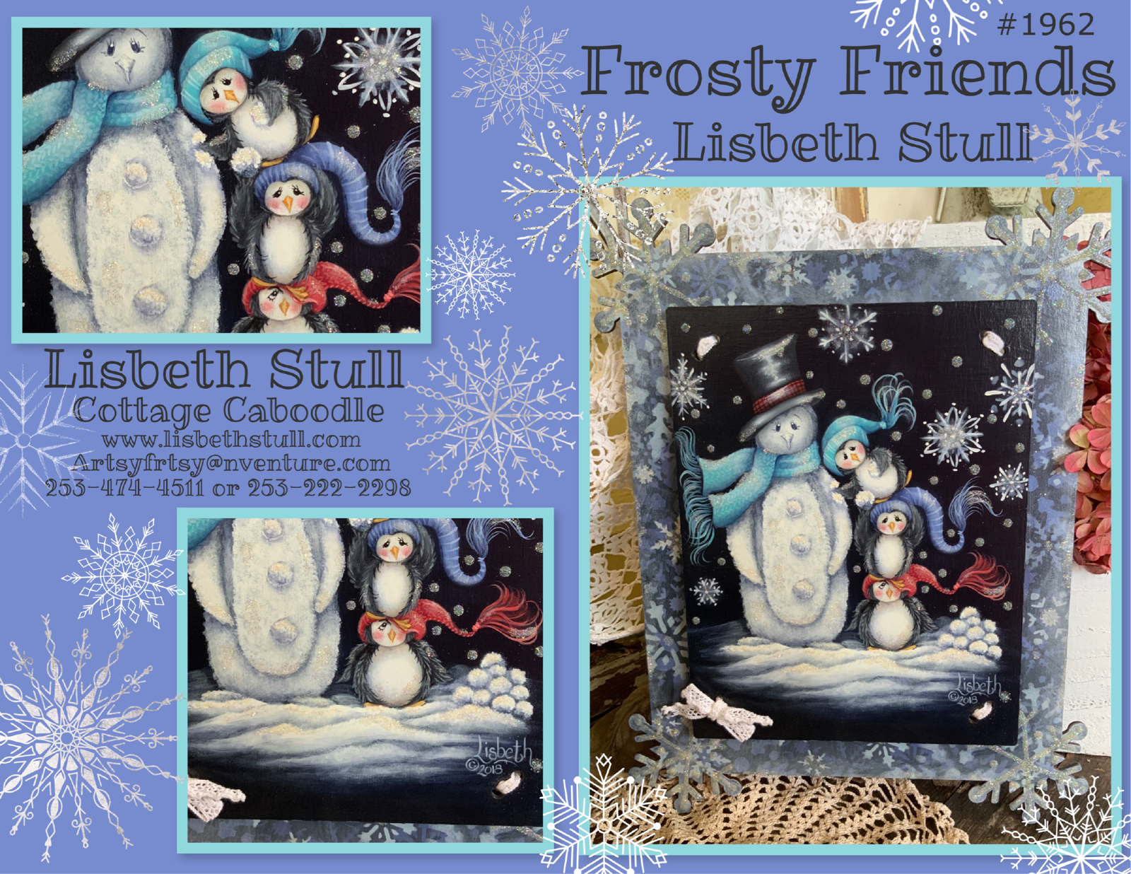 Frosty Friends pattern packet cover by Lisbeth Stull, Cottage Caboodle — finished snowman and penguins winter painting