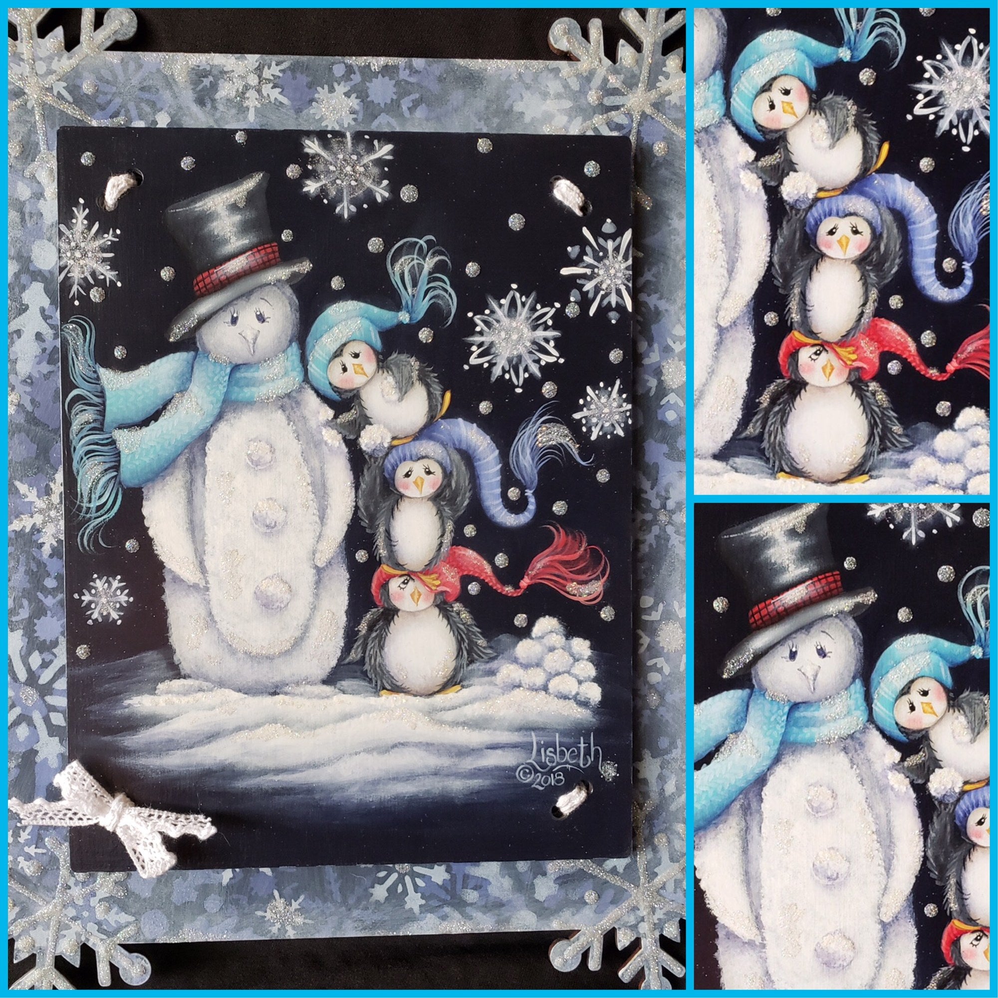 Frosty Friends decorative painting by Lisbeth Stull — top-hat snowman with stacked scarf-wearing penguins in a glittery snowy winter scene